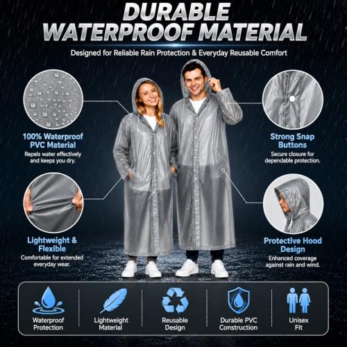 Image of OTOROYS Waterproof Long Rain Coat with Hood for Men, Women, Boys & Girls | Universal Full Length Reusable PVC Raincoat | Lightweight Portable Rain Ware for Bike Riding, Travel & Outdoor, Grey
