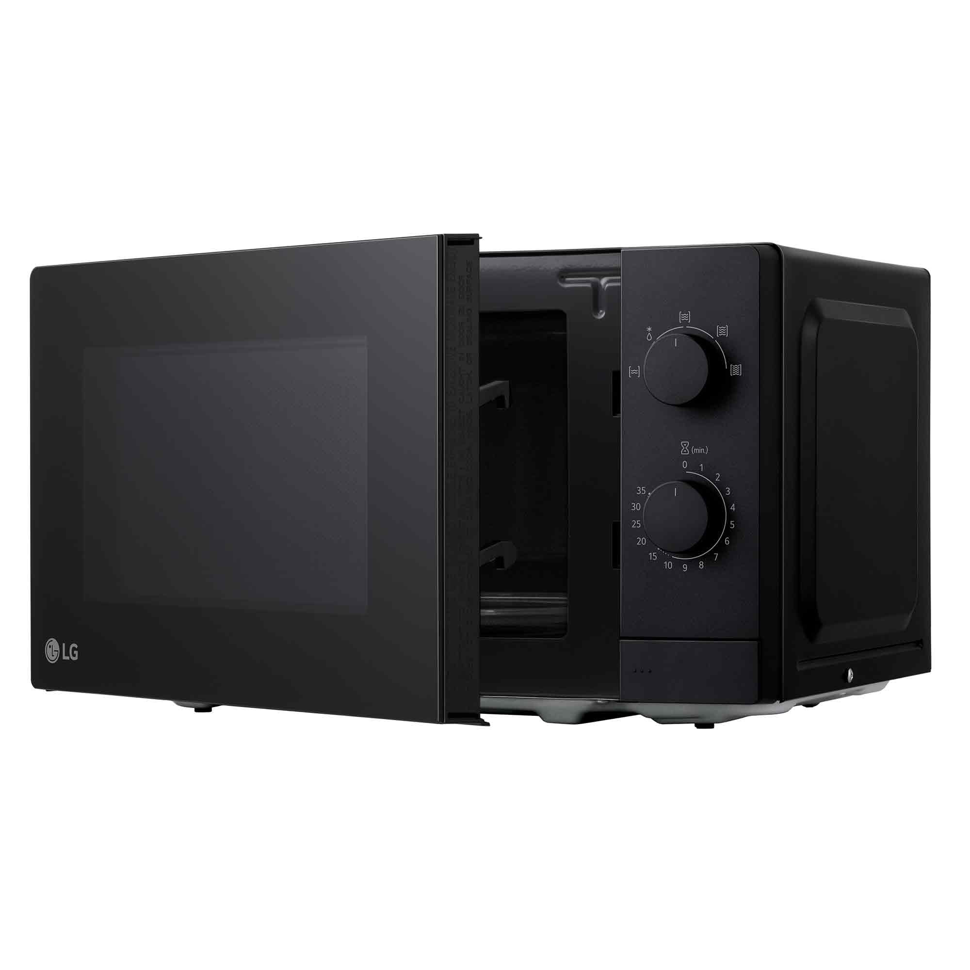 LG MS2082F Solo-Mikrowelle mit 700 W, 20 L Kapazität, 439 mm Breite. Intuitive Doppel-Drehregler, helle LED-Innenbeleuchtung, Auftaufunktion, minimalistisches Design mit Vollglastür, Schwarz.