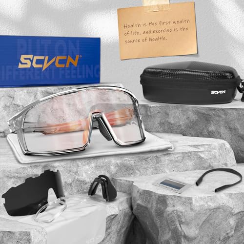 SCVCN Photochromic Cycling Glasses Polarized Men Women Mountain Bike Eyewear MTB Glasses Road Bicycle Riding Clear Sports Sunglasses Running Fishing Golf BMX Red — view 6