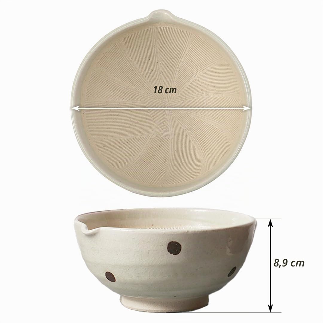 TIKUSAN Japanischer Keramik-Mörser und Stößel, Suribachi-Schüssel und Surikogi-Set mit Ausgießer, 18 cm, hergestellt in Japan (weiß)