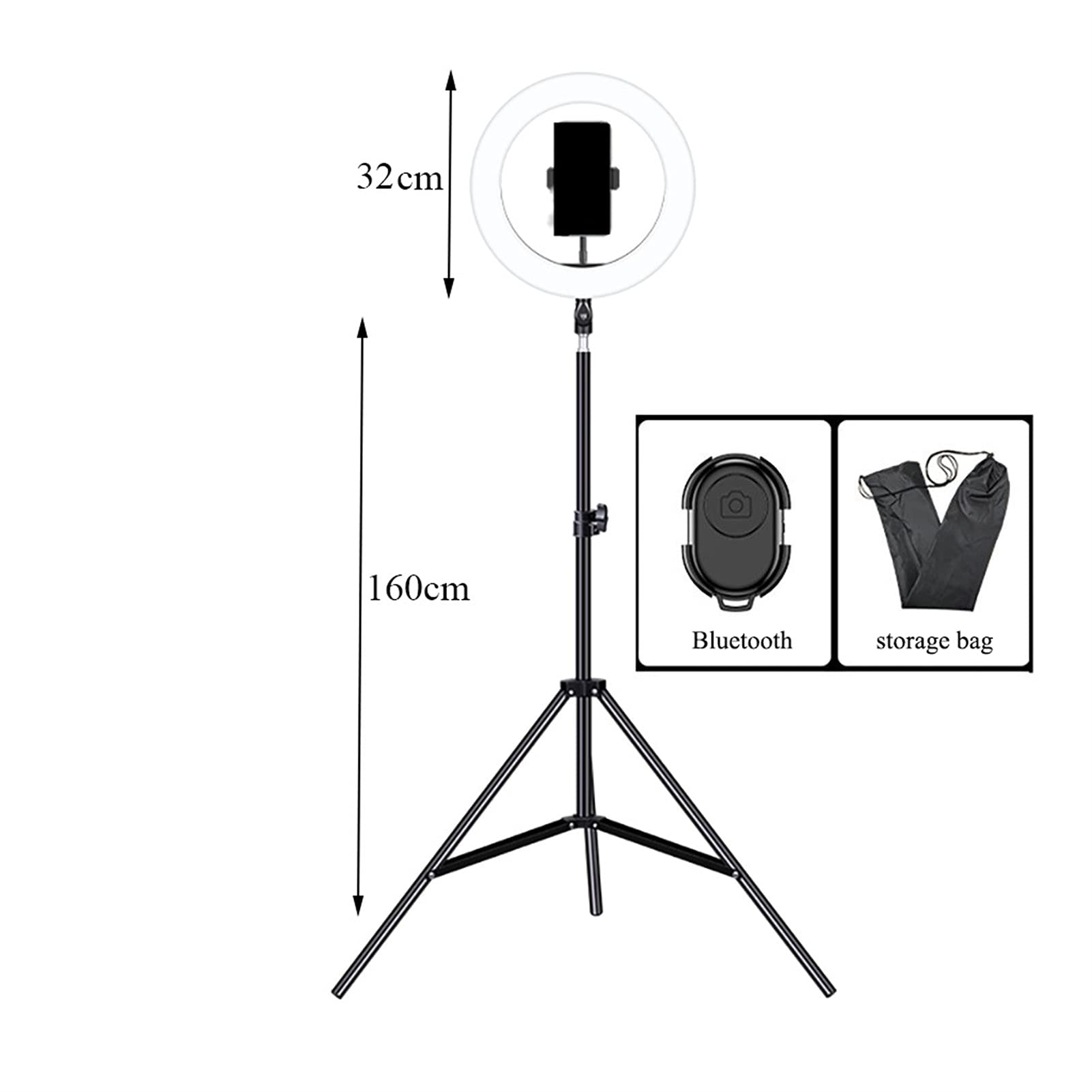 Treppiede con luce di riempimento per selfie, luce per fotografia ad anello dimmerabile con 3 modalità colore, supporto per telefono cellulare per video, trucco (dimensioni : 26 cm di luce) (32 cm