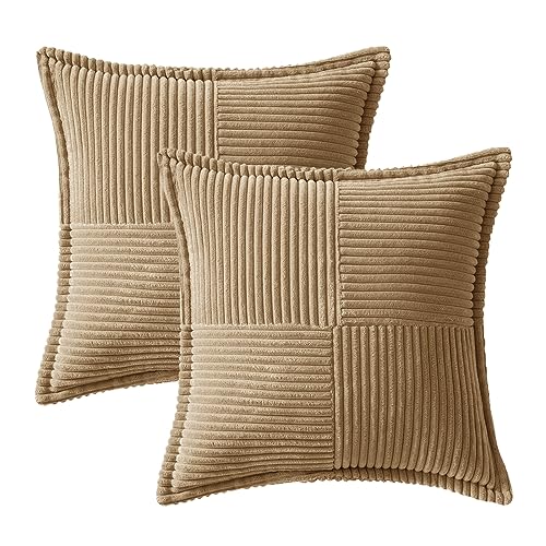 Image of MIULEE Decorative Throw Pillow Covers for Couch Bed Livingroom 12x12 Inch Set of 2 Khaki Boho Accent Throw Pllows Broadside Striped Patchwork Soft Corduroy Pillowcases