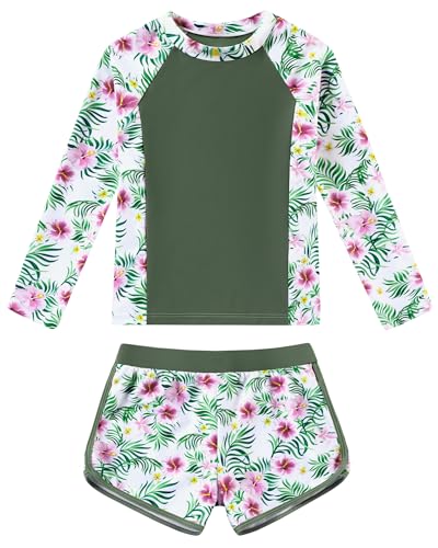Image of Girls Rash Guard Long Sleeve Swimsuit 2 Piece Bathing Suit UPF 50+ Summer Beach Swimwear for Girl 5-14 Years