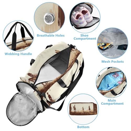 YETTASBIN Sport Travel Duffel Bag for Girls Boys, Vintage Cowboy Large Waterproof Weekender Overnight Bag, Detachable Shoulder Strap Gym Bag with Shoe Compartment & Wet Pocket4
