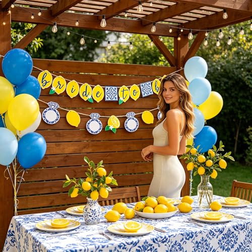 Image of Lemon Bridal Decorations Capri Lemon Engagement Banner Blue Tiles And Bride to Be Banner Fruit Theme Bachelorette Party Decoration