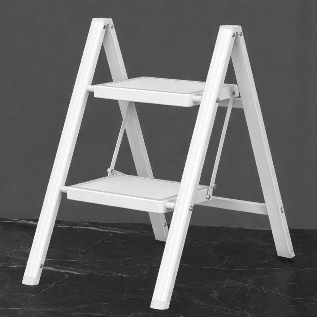 2 Step Ladder, Folding Step Stool & Collapsible Stool for Kitchen, 330lbs Capacity with Wide Anti-Slip Pedal & Feet, Sturdy Steel Step Ladder for Home and Office, White