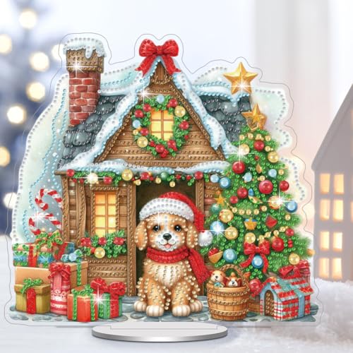 Starnearby DIY Diamond Painting Weihnachten Tisch Deko, 5D Diamant Painting Weihnachten Neu, Diamond Painting Winter Stehend Kunst Set für Anfänger Hausgeschenk Deko (Hundehütte)