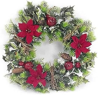 16" inch Artificial Red Poinsettia & Holly Christmas Wreath for indoors and outdoors