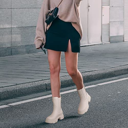 Yetier Women Mid Calf Platform Chelsea Boots Lug Sole Elastic Leather Chunky Block Heel Non-Slip Combat Comfortable Booties #TOP1