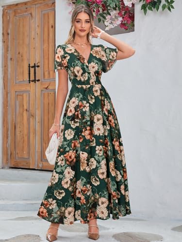 Image of Simplee Women's Boho Floral Maxi Dress Flowy Casual V Neck Short Sleeve Wedding Guest Holiday Beach Long Dress