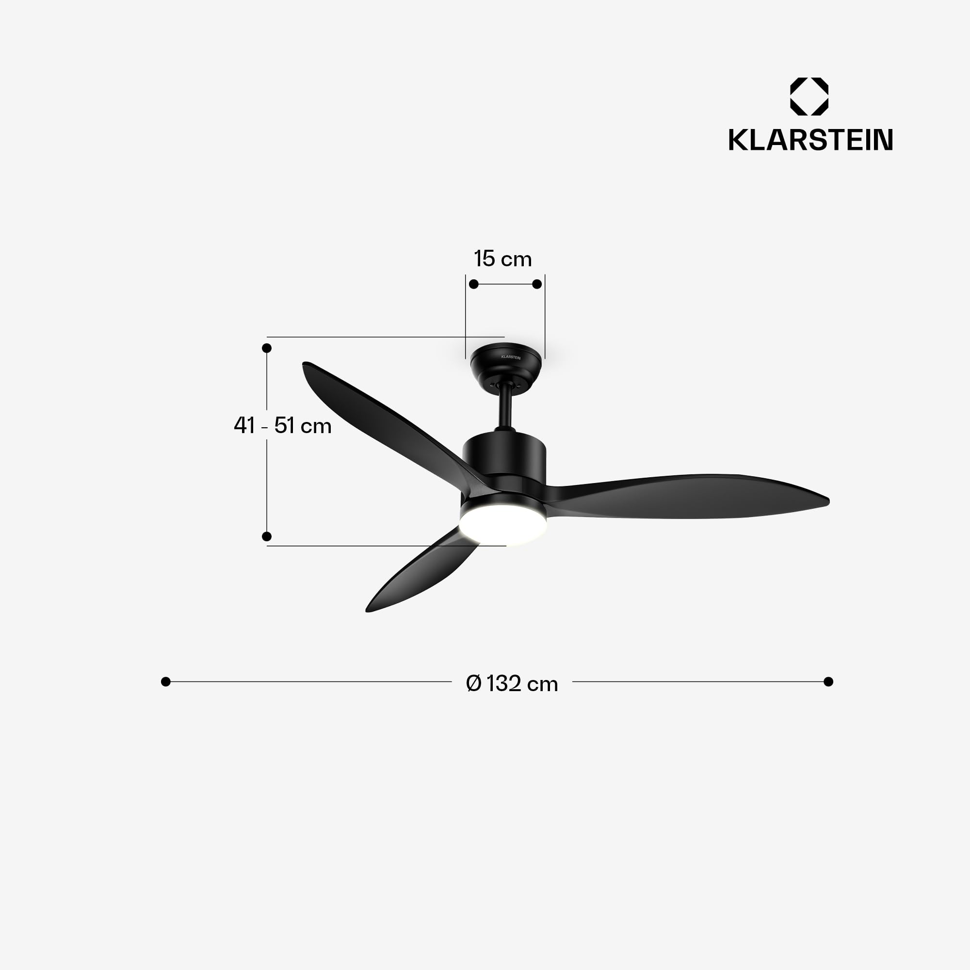 Klarstein SkyBreeze Deckenventilator mit Beleuchtung – LED, Fernbedienung & App, 6 Stufen, 3 Flügel, leise, Innen & Außen, 132cm, dimmbar, Smart-Home-fähig, Schwarz