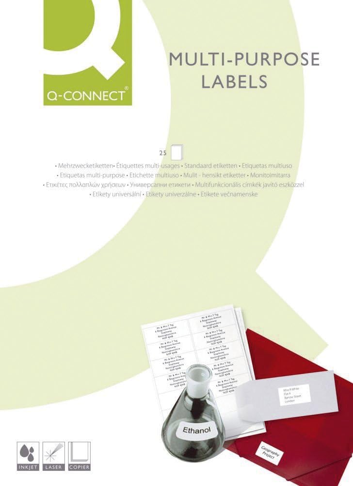 Q-Connect KF10638 Inkjet + Laser + Copier Labels 52.5 x 21.2 mm White Pack of 100, Paper Cardboard