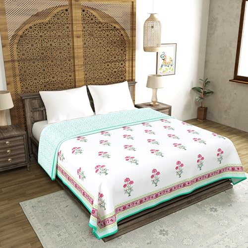 Image of BLOCKS OF INDIA 100% Cotton Dohar King Size Reversible Hand Block Printed Malmal Summer Dohar /Blanket (Turquoise Flower)