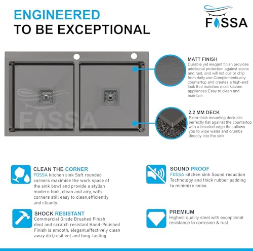 Image of Fossa 37 inchx18 inchx10 inch Double Bowl With Tap Hole Premium Stainless Steel Handmade Kitchen Sink Matte Finish (Black)