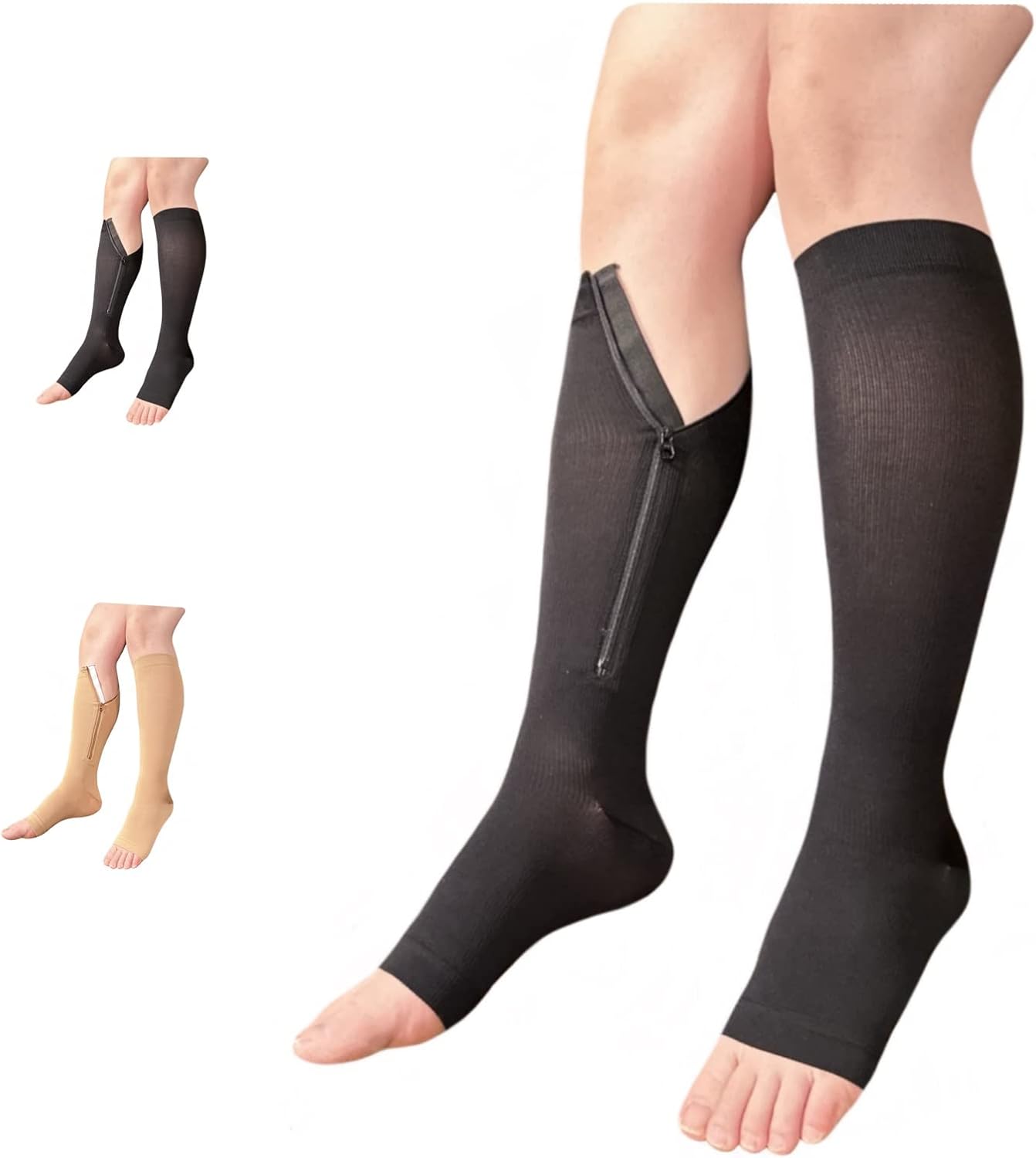 Open Toe 15-20 mmHg Compression Grade Calf Pain Leg Inside Zipper Socks