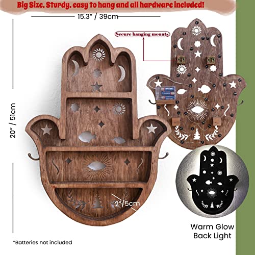 Tamim Crafts Wooden Hamsa Shelf For Crystals- Large 20 Inch Crystal Display Shelf For Stones, Crystal Holder Shelf, Essential Oil Display, Hand Crystal Shelf For Room Decor, Hamsa Wall Décor #TOP1