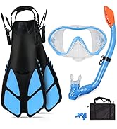 GoOsprey Kids Snorkeling Set with Flippers/Fins + Panoramic Snorkel Mask + Dry Top Snorkel + Trav...