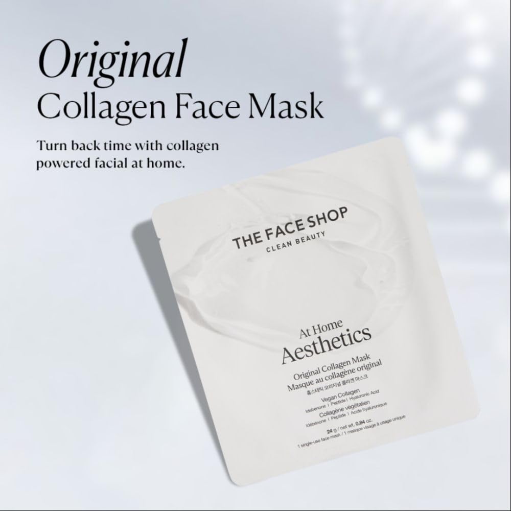 The Face Shop Vegan Collagen Face Mask with Peptides, Hyaluronic Acid & Idebenone Korean Skincare for Firm, Elastic & Glass Skin | Deep Moisturizing & Anti-Aging Sheet Mask (Pack of 1)