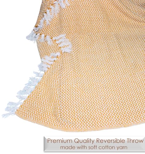 Image of Chevron 78x60 Inch Reversible Cotton Throw Blanket with Tassels| Blanket for Living Room, Sofa, Bed, Chair, Picnic & Used for Gift | Yellow Narrow Chevron, Size - 200x150 Cm