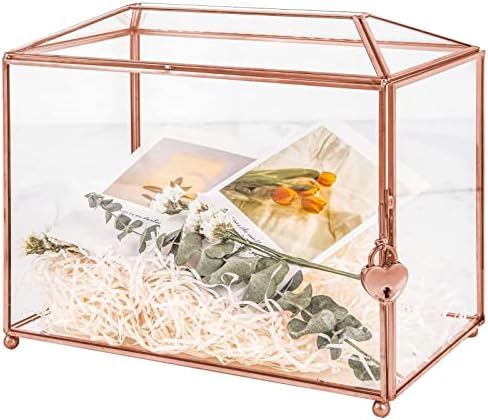 WHSLILR 12.6" Glass Card Box Wedding Card Box with Lock for Wedding Reception Cosmetic Home Decor, Handmade Large Geometric Terrarium with Hinged Lid, Brass Frame - (Rose Gold/Roof)