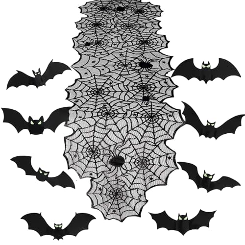 Halloween Tischdeko Set - Tischläufer Spinnennetze mit 24 Fledermaus Deko(Leuchtende Augen),Spinnweben Tischband mit Spitze Tisch Läufer Tischdeko Schwarz Gothic Party Dekoration(180×45cm)