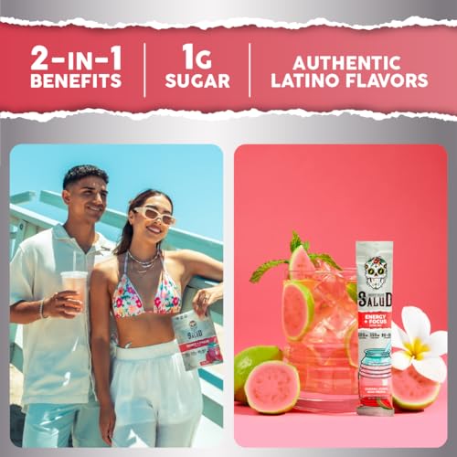 Image of Salud 2-in-1 Energy Drink Powder + Focus, Guava, Organic Caffeine, B6 + B12, Theanine, Clean Energy Drink Packets, Guayaba Agua Fresca Mix, Non-GMO, Gluten Free, Vegan, 1g of Sugar, (15 Servings)