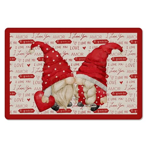 Jolunifun Retro Valentine's Gnomes Kitchen Bath Door Mat Cushioned Runner Rug,Washable Welcome Floor Sink Antifatigue Mat,Waterproof & Non-Slip Comfort Standing Doormat,Romantic Love Word Red 18