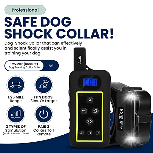 My Pet Command 1.25 Mile (6600 Ft) Long Range Dog Training Collar Safe Shock Collar with Remote Shock,Vibrate,Tone and Flashing Beacon Lights Waterproof Rechargeable Dog Hunting add Up to 3 Collars