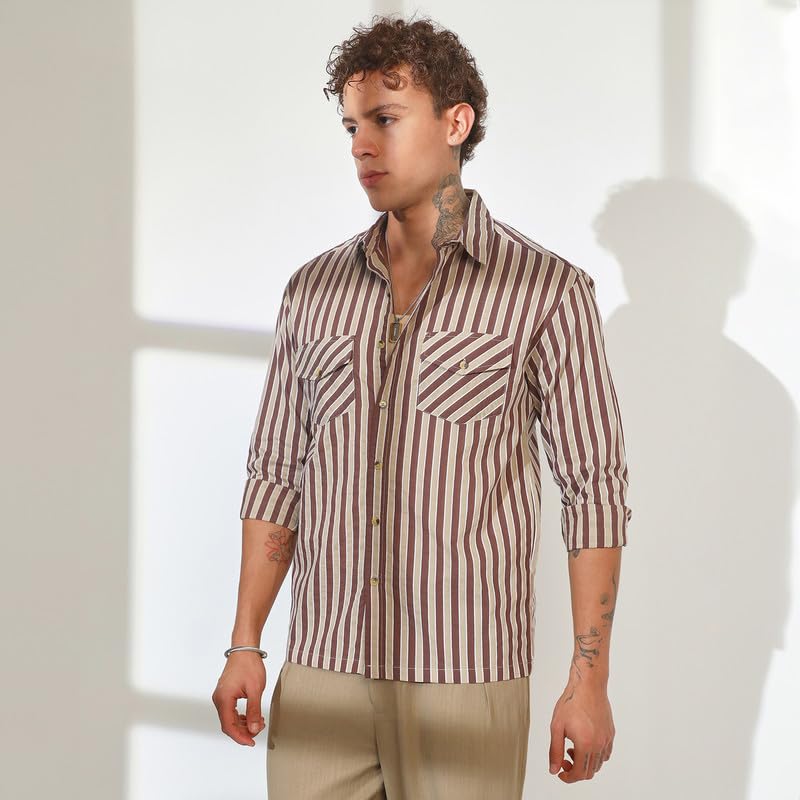 Image of CAHOOT Men's Multitrack Striped Oversized Shirt for Casual Wear | Spread Collar | Long Sleeve | Button Closure | Oversized Shirt Crafted with Comfort Fit for Everyday Wear