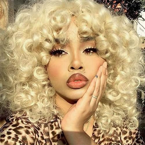andromeda Blonde Curly Wigs for Black Women Soft Short Loose Curly Wig wiht Bangs Synthetic Kinky Hair Curly African American Costume Cosplay Wigs (Blonde)