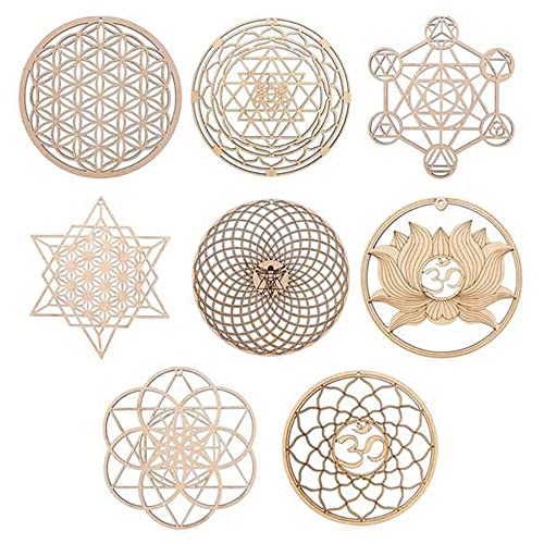 Tiamu 8Pcs Géométrie Sacrée Dessous de Verre en Bois, Méditation Chakra Sculpture Chakra Wall Art, Yantra Symboles Spirituels, Cadeaux sous-Verres...