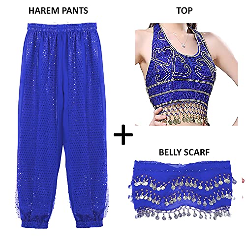 Image of VRITRAZ Women's Chiffon Belly Dance Chiffon Top, Harem Pants and Hip Scarf Ringy Golden Coins Fancy Pants