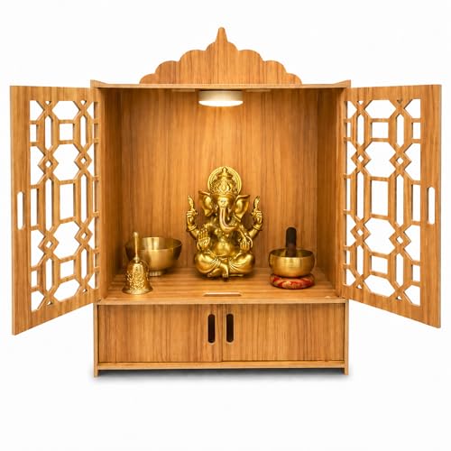 Zoriva Wooden Pooja Mandir for Home with Doors - Wall Mounted Temple Cabinet with LED Light and Storage Shelf for Hindu Worship Living Room Bedroom Office