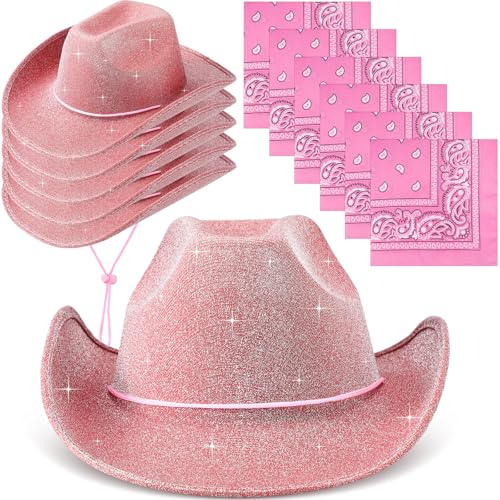 Image of Coume 12 Pcs Sparkly Adults Cowboy Hat and Bandanas Women Men Western Glitter Cowgirl Party Hats with Adjustable Drawstring