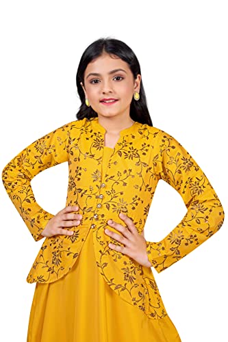 Image of Fashion Dream Girls Yellow Solid Maxi Dress with Attached Foil Printed Shrug(Yellow 5-6 Year)