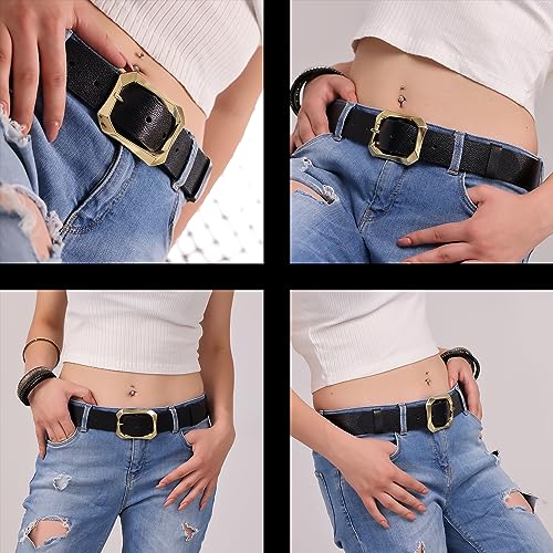 Women's Leather Belt Gold Buckle Waist Belt for Jeans in Navy Blue, Dark Brown, and Black Colors. Wide Straight Design, 1.45"4