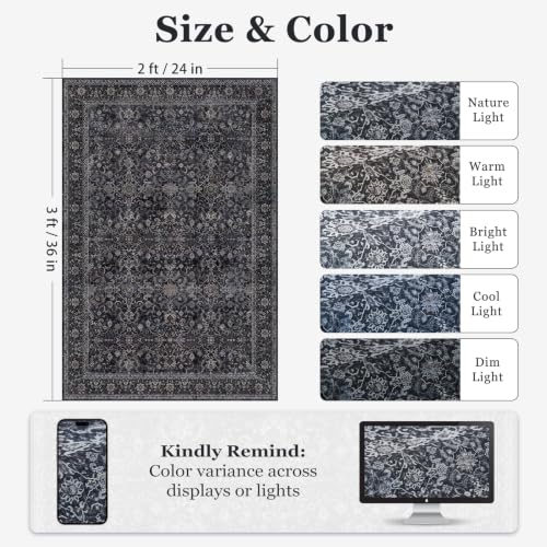 Image of Dark Entryway Rug 2x3, Kitchen Rugs Non Slip Washable, Low Pile Ultra Thin Door Mat Indoor Entrance, Small Carpet for Bedroom Bathroom, Vintage Farmhouse Earth Tone Midnight