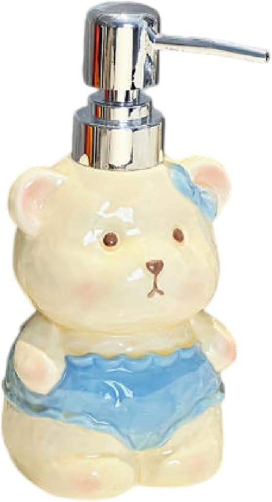 Creative Bear-Shaped Empty Pump Bottle, Ceramic Bear Soap Dispenser, Refillable Lotion Bottle, Bear-Shaped Refill Bottle for Kitchen Countertops and Bathroom Sinks(Blue)
