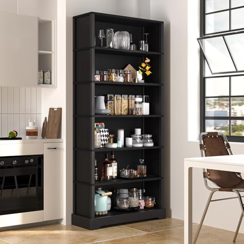 Image of TVU 6-Tier Wooden Bookshelf, 77.2 inch Tall Farmhouse Style Open Bookcase, 31.5 inch W Standing Book Shelf with Storage, Suitable for Study, Living Room, Office, Blcak
