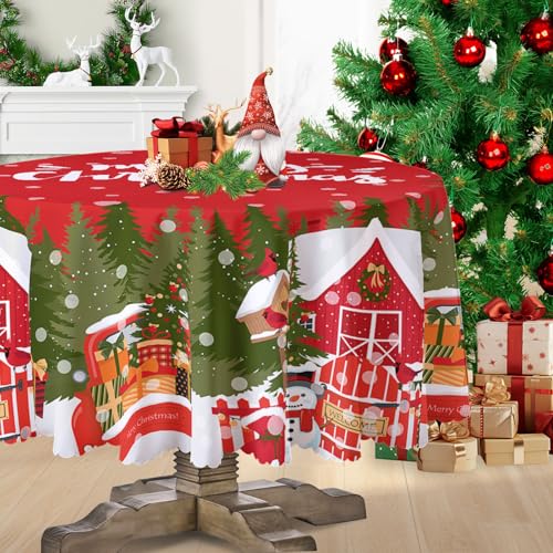 Sundonix Christmas Table Cloth Round Tablecloth - Merry Christmas Polyester Party Dining Table Cover Green Tree Red Truck Snowman Fabric Vintage Farmhouse Decorations 70x70 Inches