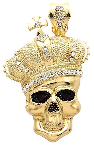 GWOOD Skull and Crown Pendant Ruby Red Eyes Gold Color with Silver Clear Crystal Rhinestones