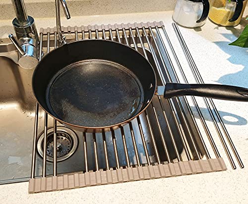 Roll Up Dish Drying Rack Over The Sink Dish Drying Rack Portable Stainless Steel Rolling Rack Kitchen Rolling Dish Drainer Sink Rack Mat Dish Racks for Kitchen Sink Counter (17.7" L x 13" W, Grey)