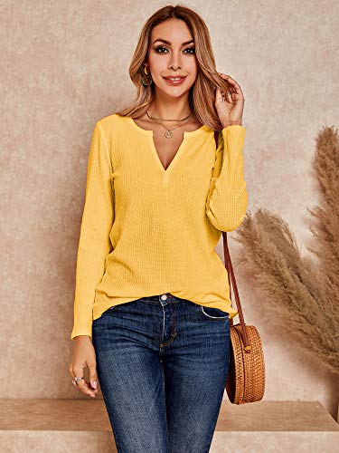 Dellytop Womens V Neck Waffle Knit Shirts Long Sleeve Loose Fitting Warm Tee Tops Sweaters Pullovers2