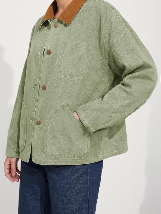 Womens Oversized Jeans Jacket Casual Long Sleeve Corduroy Collar Barn Boyfriend Trendy Denim Jacket Coat with Pockets - Image 4