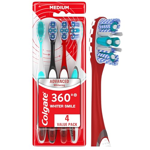 Image of Colgate 360 Advanced Whitening Medium Toothbrush Pack, 4 Adult Medium Toothbrushes with Cheek and Tongue Cleaner, Helps Clean Your Teeth, Tongue, Cheeks, and Gums, 4 Pack