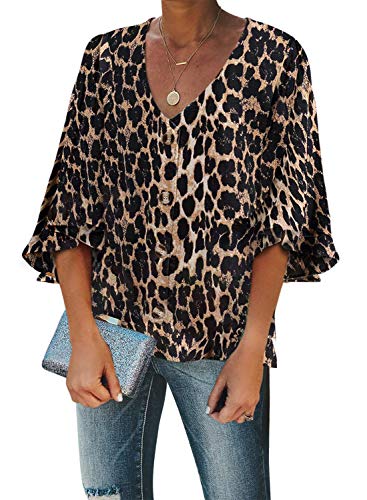 FIYOTE T-Shirt Femme Chemisier 3/4 Manches Évasées Blouse Imprimé Floral Chemise Col V Casual Printemps Eté Boutons Léopard XL(EU48-50)