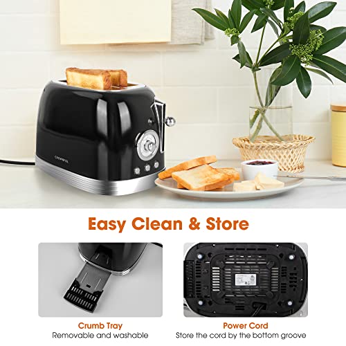 Crownful 2-Slice Toaster, Extra Wide Slots Toaster, Retro Stainless Steel With Bagel, Cancel, Defrost, Reheat Function And 6-Shade Settings, Removal Crumb Tray, Black #TOP3