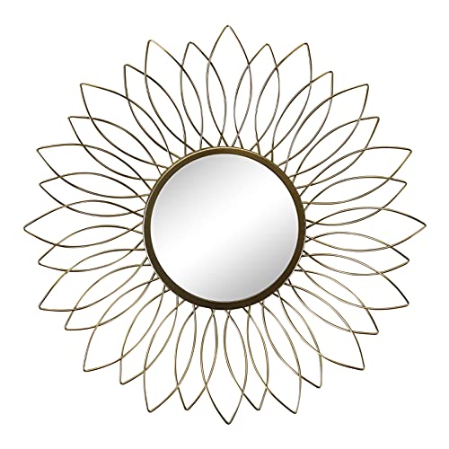 Image of Artemade Golden Sunflower: Handcrafted Wire Mirror Decorative Mirror Wall Mounted Hanging Mirror Sculpture Metal Leaf Design Modern Art Mirror Home Decor (60 X 60 Cm)(Framed, Round, Gold)