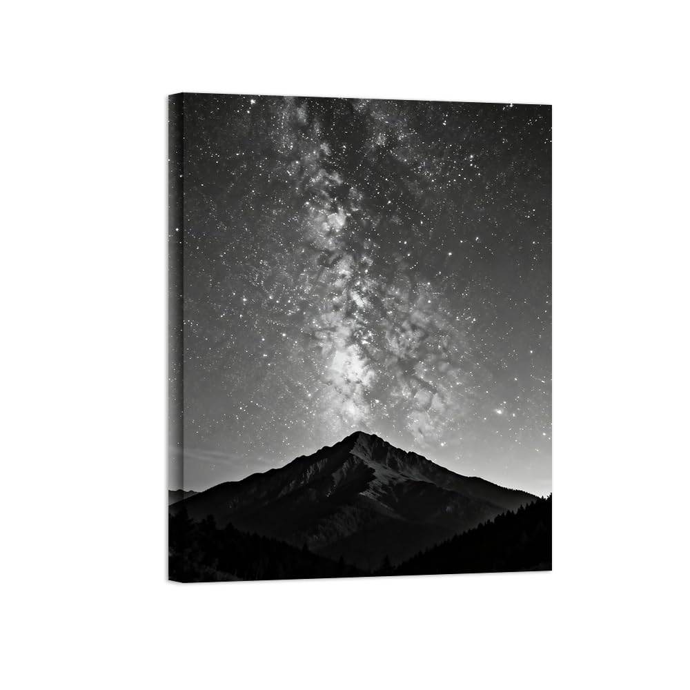 OZPWBVY Black and White Landscape Print Painting-Mountain Starry Sky-Minimalist Canvas Wall Art Picture for Home Ready to Hang 24x31in 60x80cm Wrapped Canvas