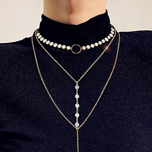 Suyi Stylish Layered Sequins Choker Necklace with Thin Long Chian Pendant for Women Lady4